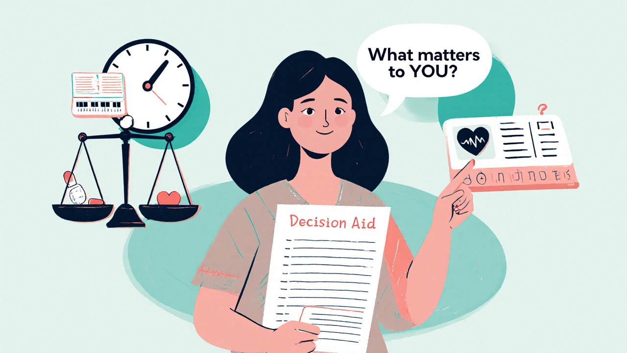 Woman holding a decision aid with visual balance between medication side effects and her music career.