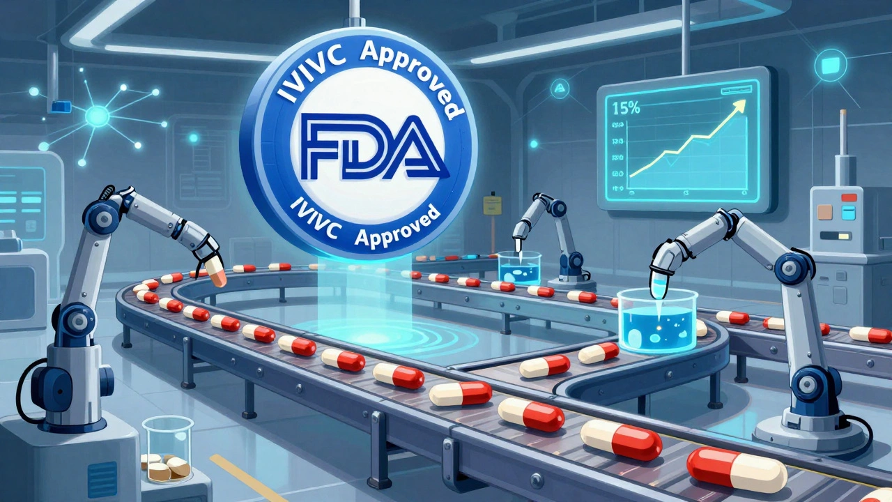 A factory producing generic drugs approved by IVIVC, with robots testing dissolution and AI monitoring approval rates.