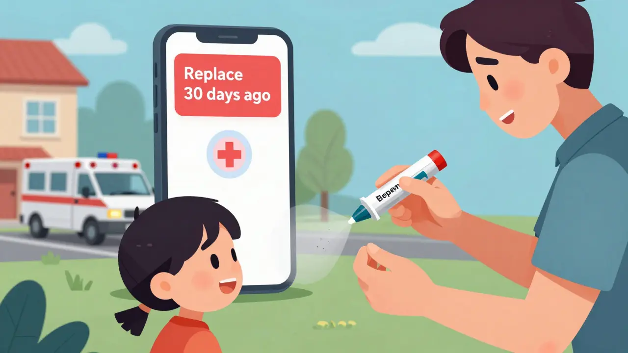 A parent uses a weak, failing EpiPen on a child during an allergic reaction, while a phone app warns the expiration was missed.