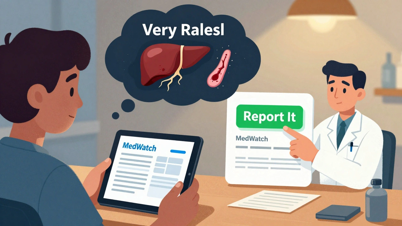 A patient sees dangerous side effects in a thought bubble while a pharmacist urges them to report it.