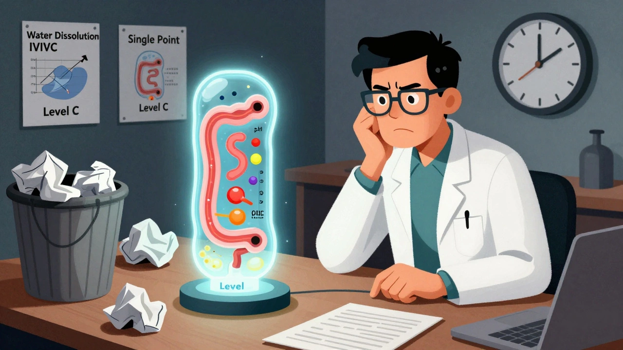 A scientist surrounded by failed IVIVC models, with one glowing Level A model using biorelevant fluids on the desk.