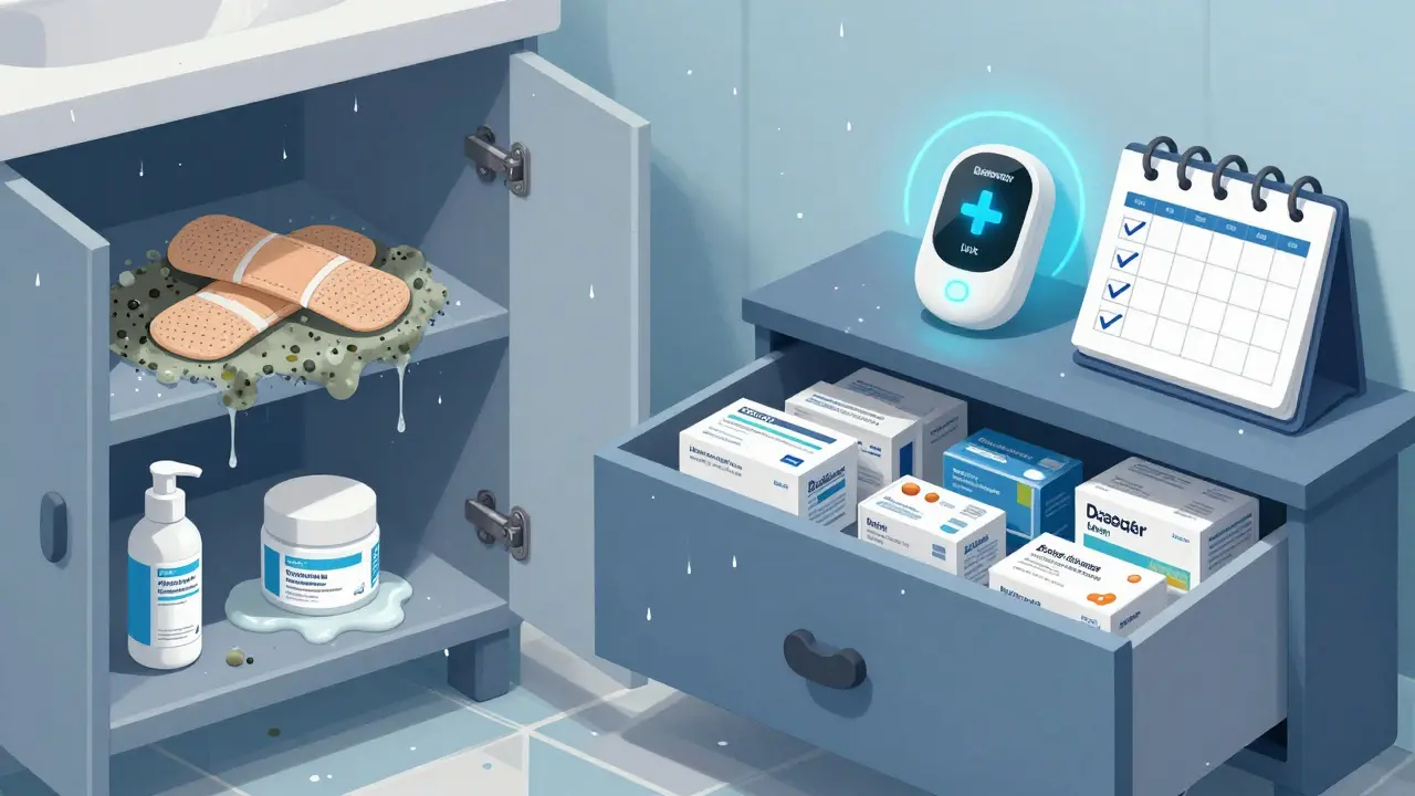 A side-by-side comparison: a damp, moldy bathroom cabinet versus a dry, organized bedroom drawer with smart medication storage.