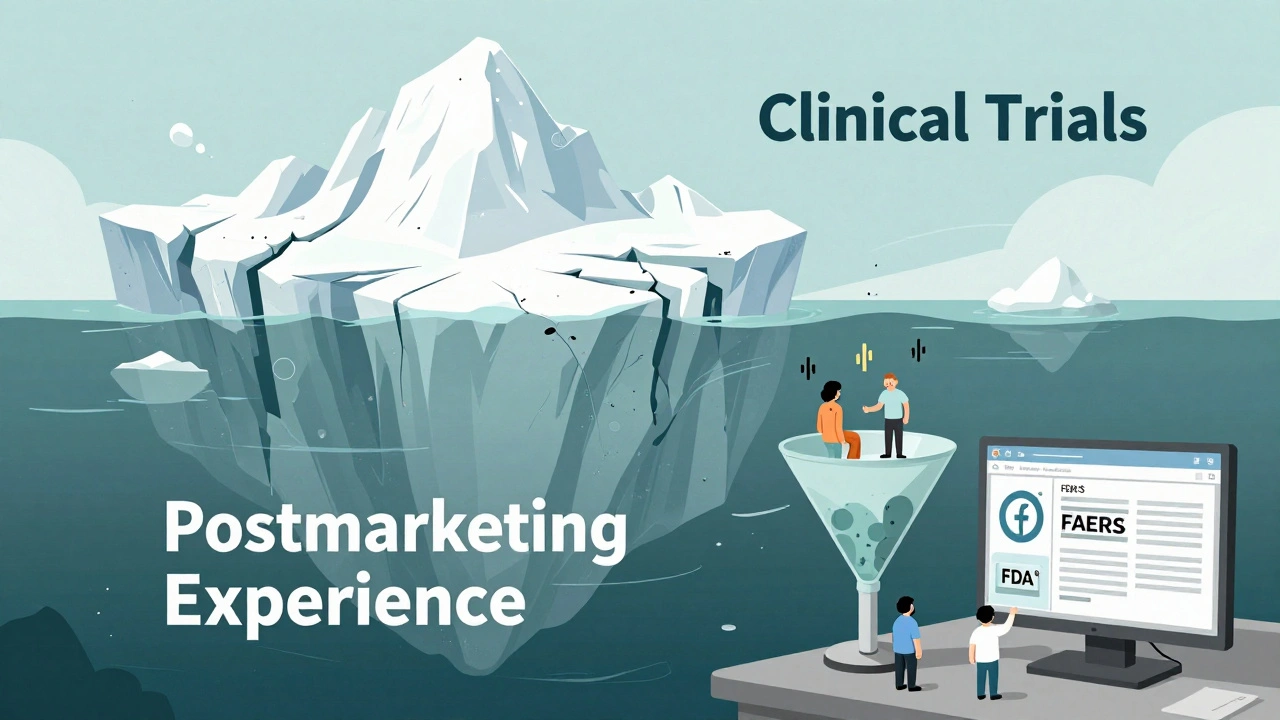 An iceberg of clinical trials floats above a much larger hidden section labeled postmarketing experience.