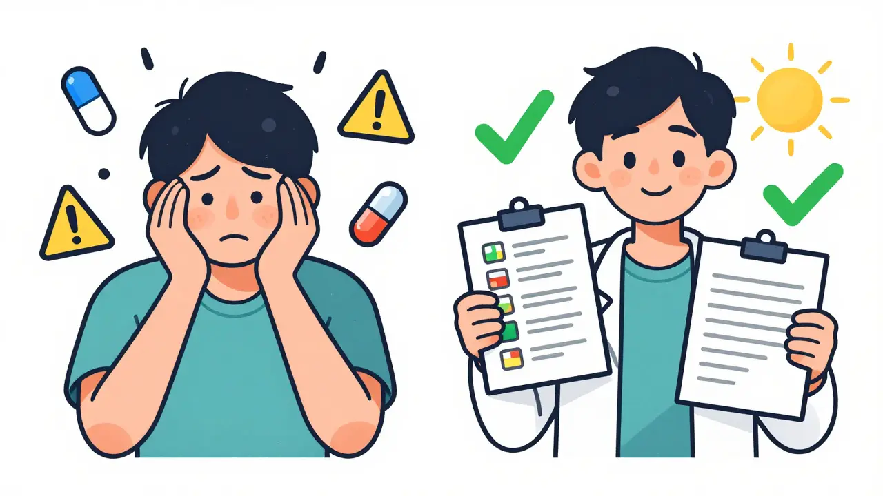 Before and after scene: chaotic meds vs. organized list with positive outcome, symbolizing medication review benefits.