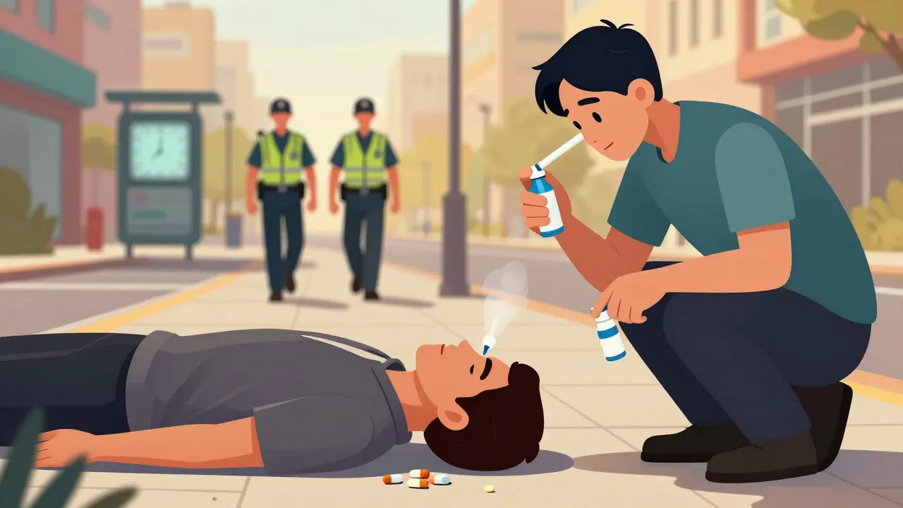 Bystander administering naloxone nasal spray to unconscious person on sidewalk, paramedics approaching.