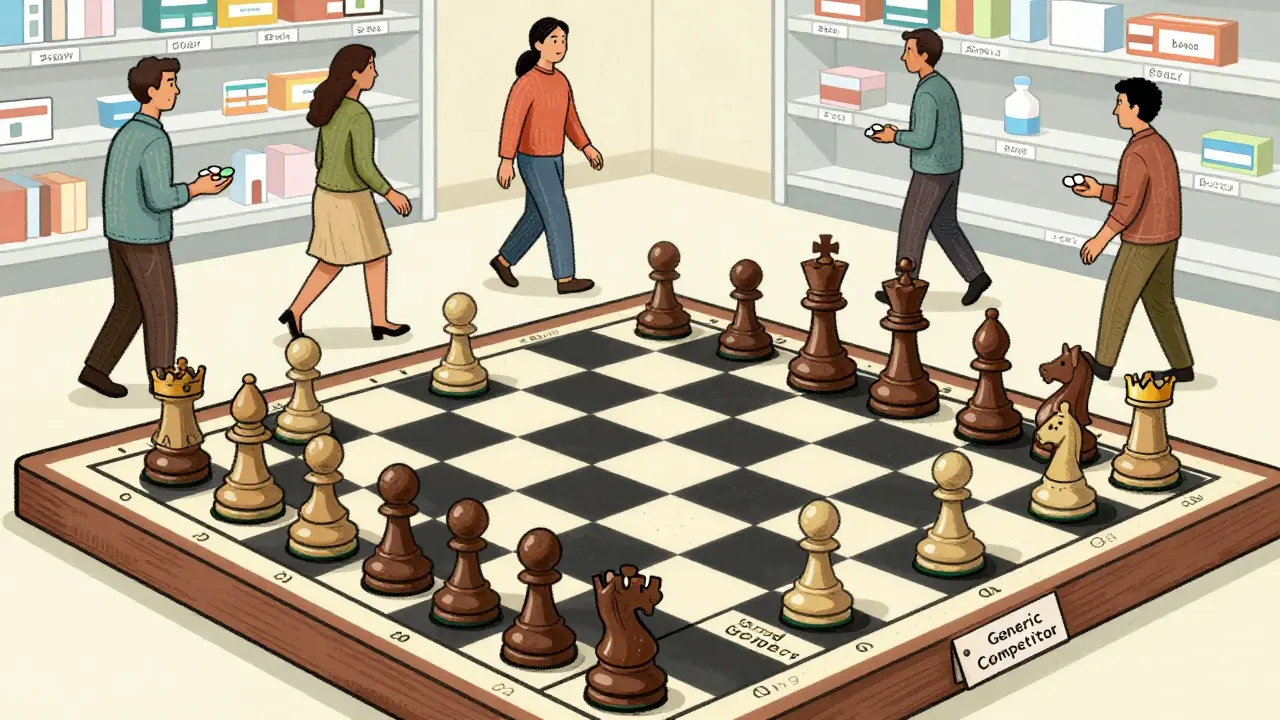 Chessboard metaphor showing brand company using authorized generic to block generic competitors.