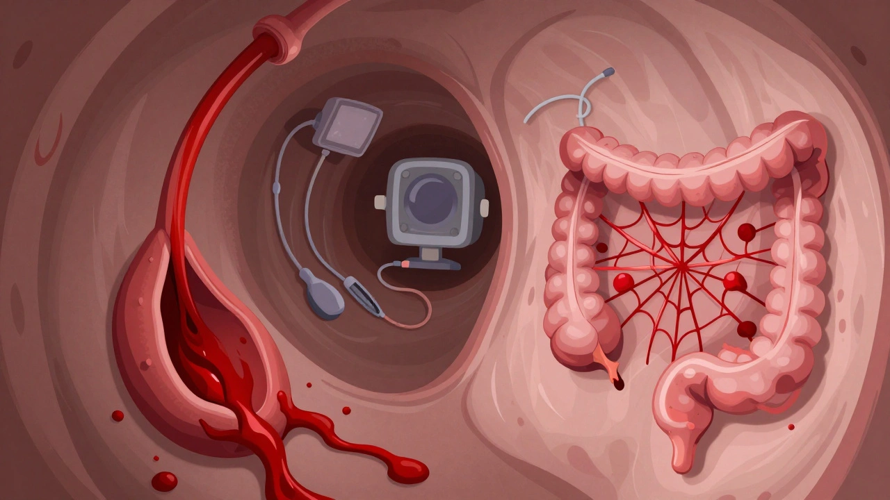 Colon interior with two bleeding sources: sudden gush from diverticulum and slow drip from angiodysplasia patches.