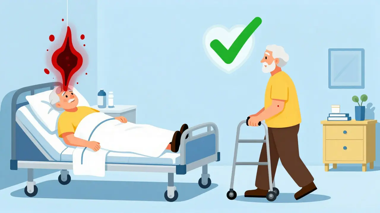 Contrasting scenes: senior after a fall vs. same person safely walking at home with protective symbols.