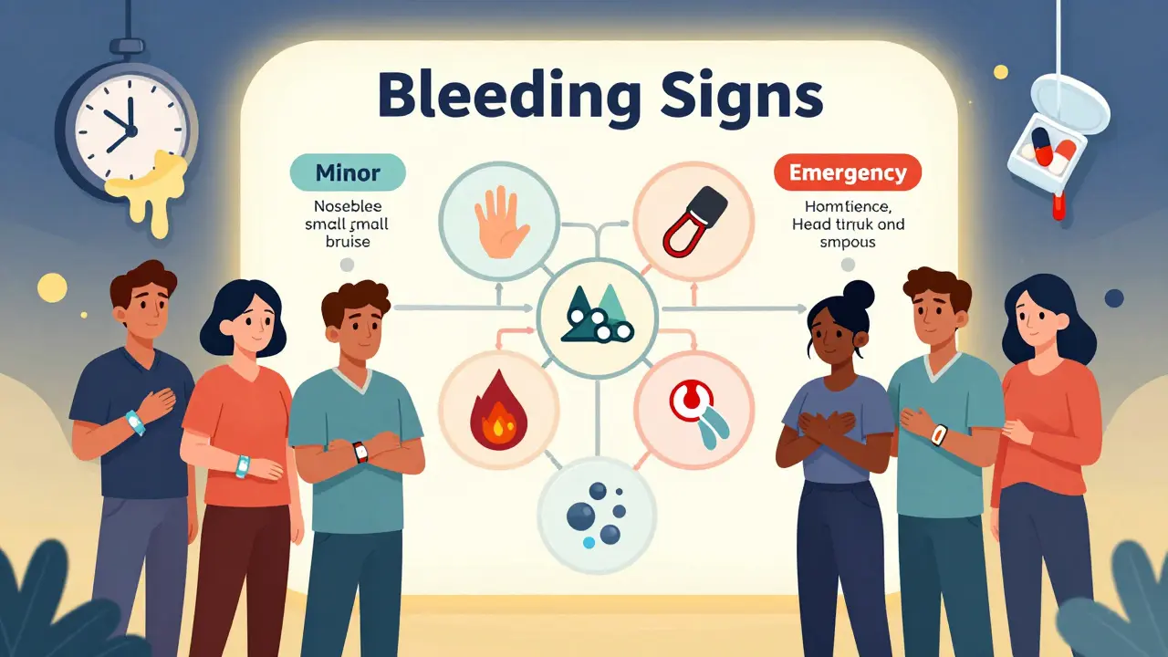 Diverse patients beside flowchart distinguishing minor from life-threatening bleeding symptoms.