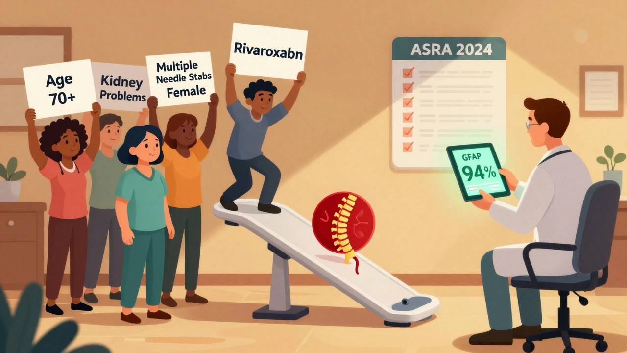 Diverse patients holding risk factor signs on a tipping scale, with a doctor checking a GFAP blood test and an updated checklist.