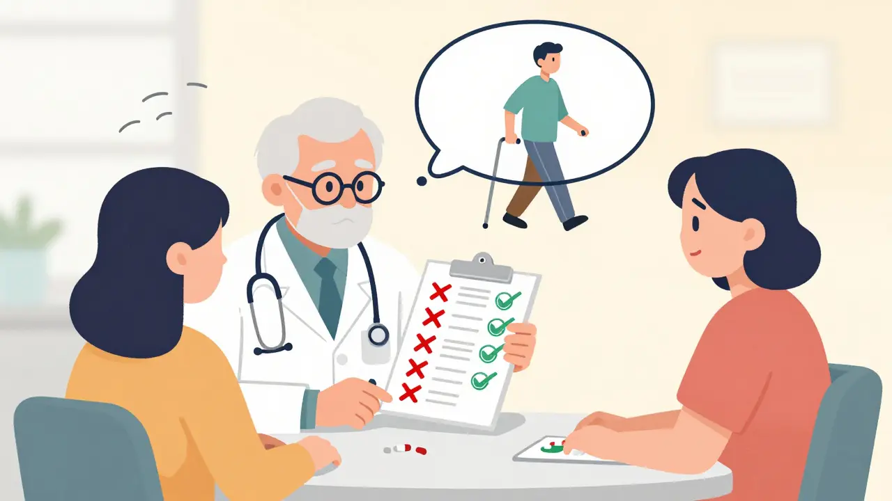 Doctor and pharmacist reviewing medications with senior and family, removing unnecessary pills.