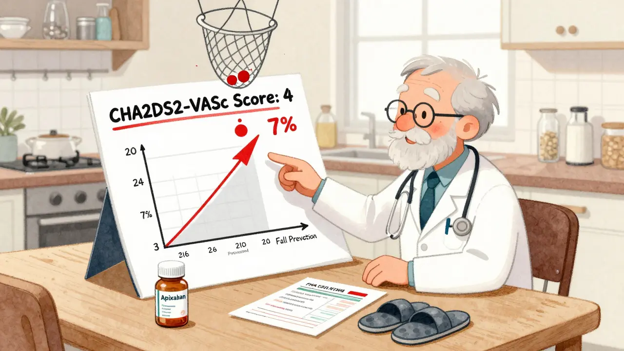 Doctor and senior reviewing stroke risk chart with medication and fall prevention tools on a kitchen table.