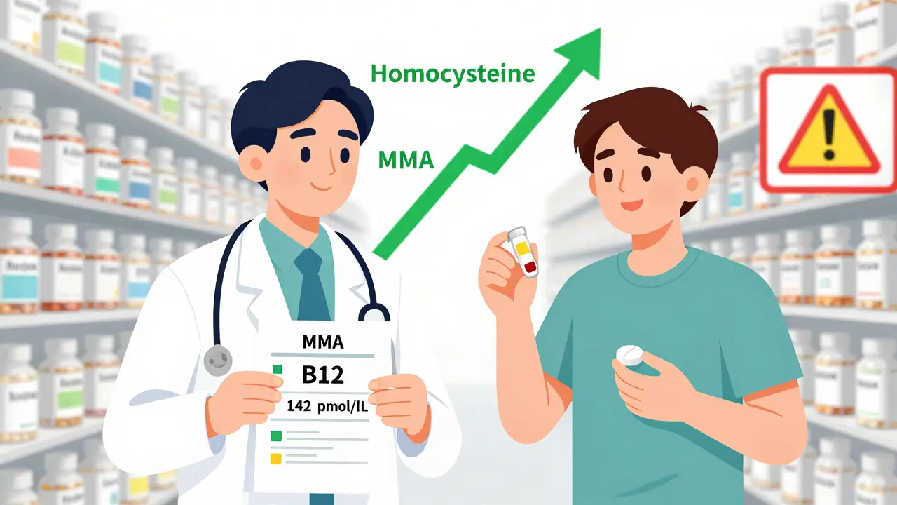 Doctor holding low B12 test result as patient takes supplements, with metformin bottles in background.