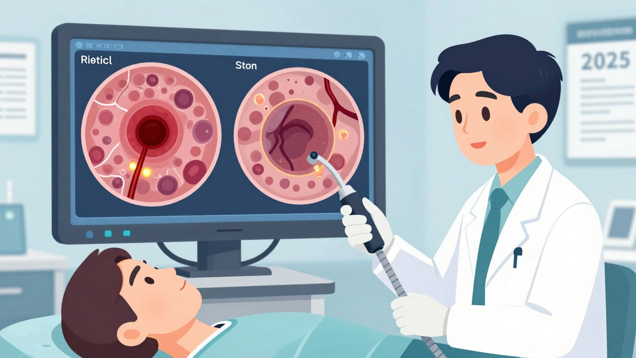 Doctor performing colonoscopy with AI-enhanced screen highlighting bleeding diverticula and angiodysplasia lesions.