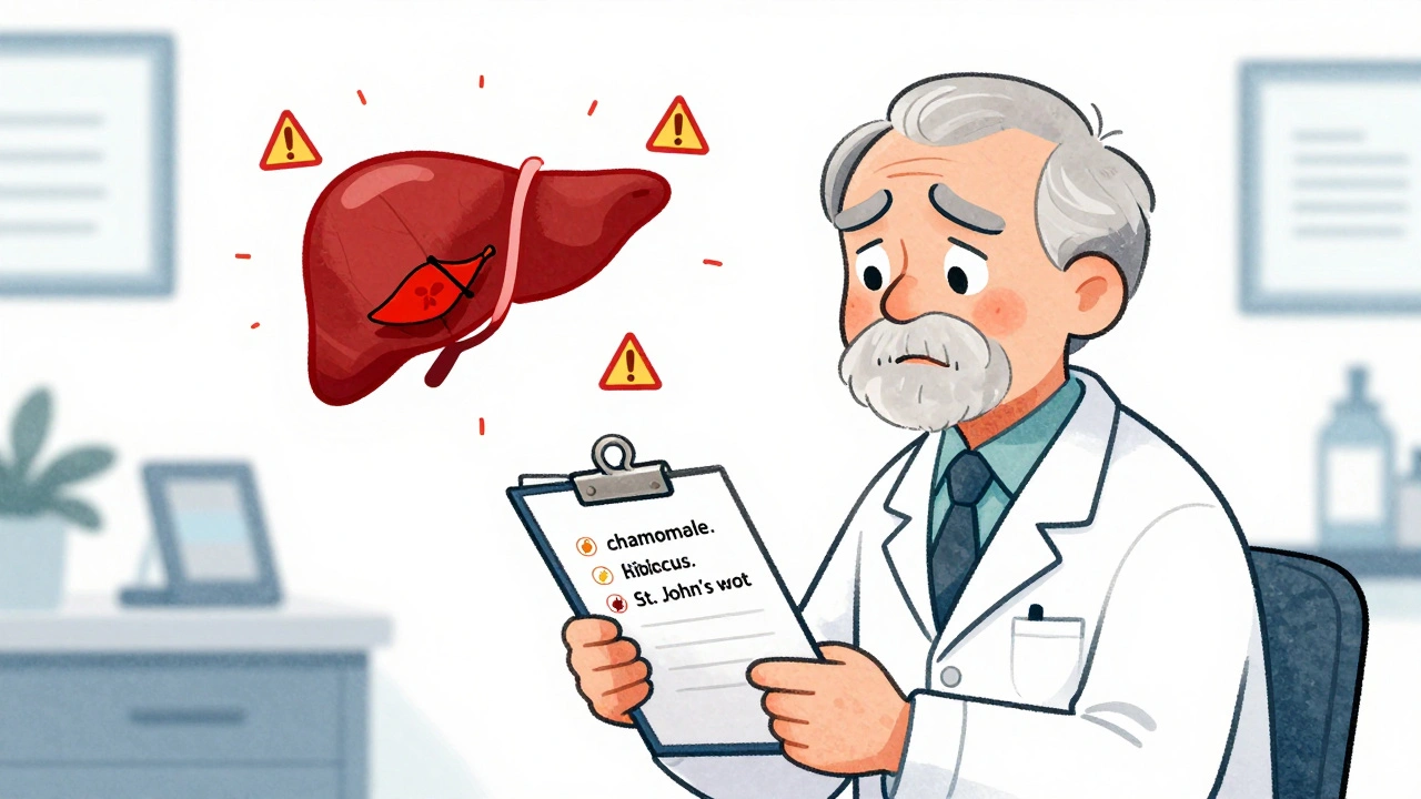 Elderly patient showing herbal tea list to doctor, liver icon glowing red with warning signs.