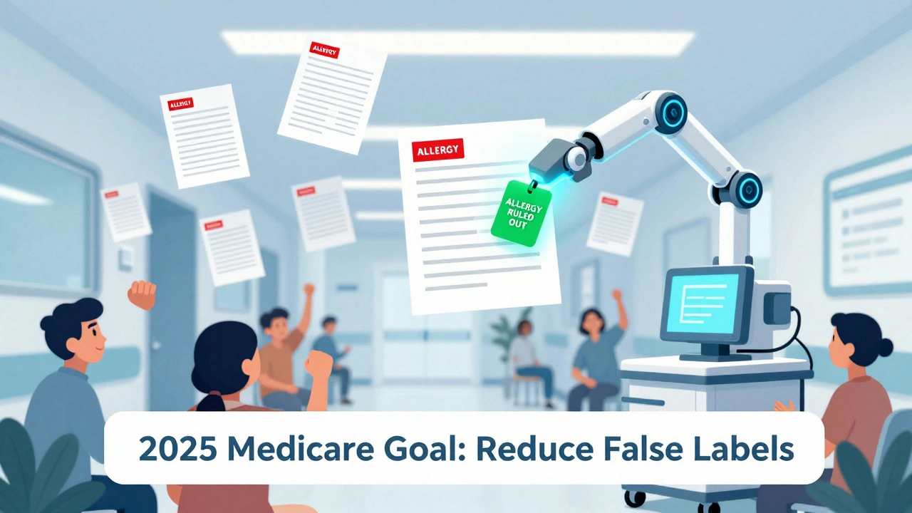 Floating medical charts with red allergy labels being erased by a robotic arm, replaced with green checkmarks.