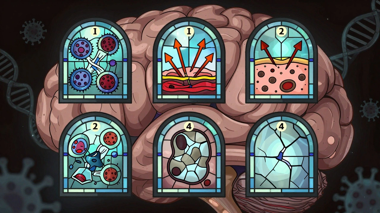 Four distinct MS lesion patterns shown as stained-glass windows inside a brain.