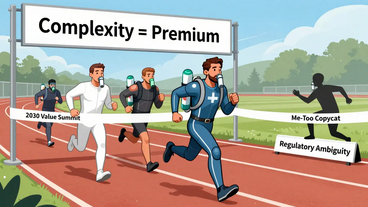 Generic drug companies racing on a track, with high-tech innovators ahead and a 'Me-Too Copycat' tripping over regulatory barriers.