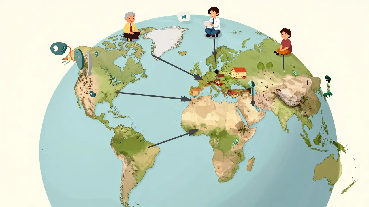 Global map showing teleaudiology connections from developed regions to rural areas, with hearing aid icons and video call symbols.