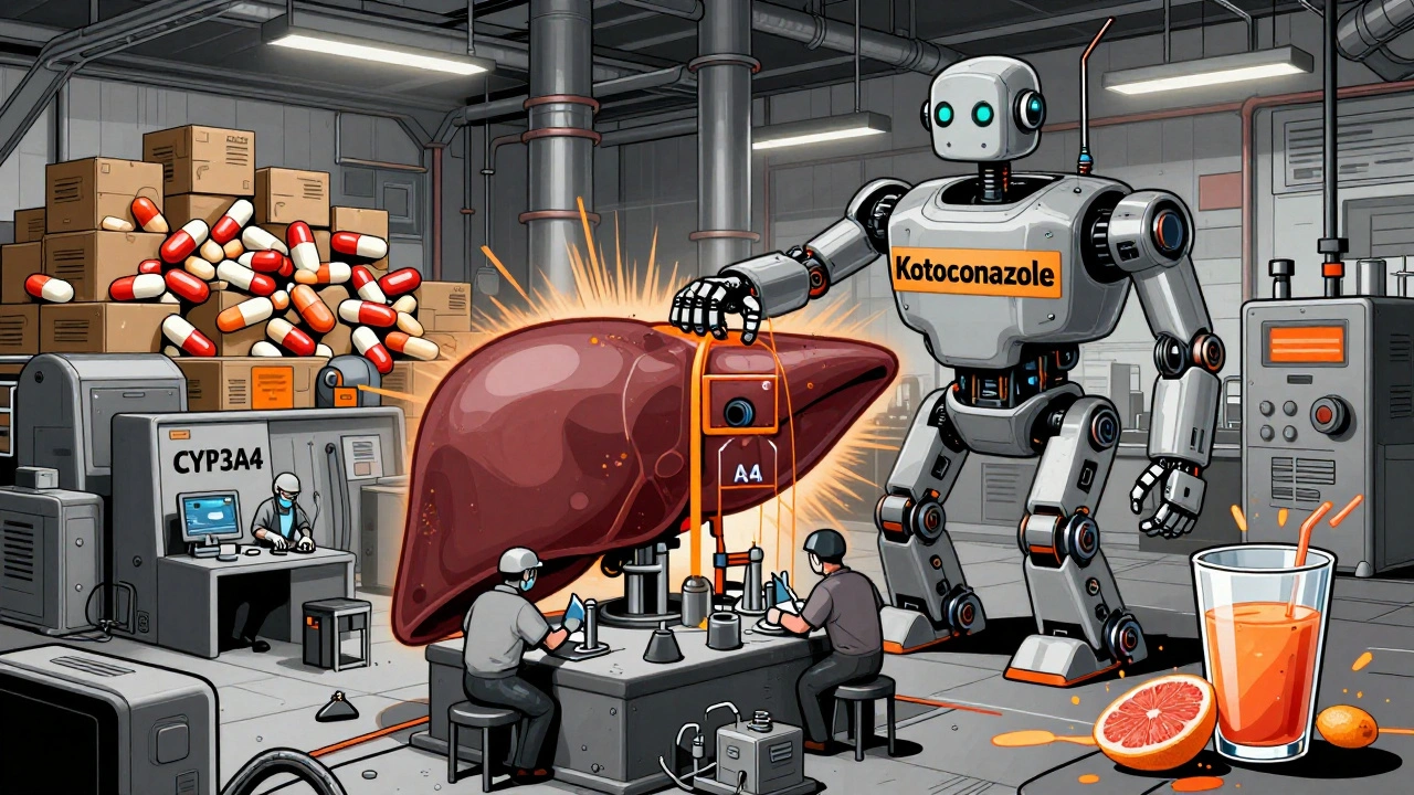 Human liver factory with enzymes shutting down as ketoconazole blocks pathways, causing dangerous drug buildup.