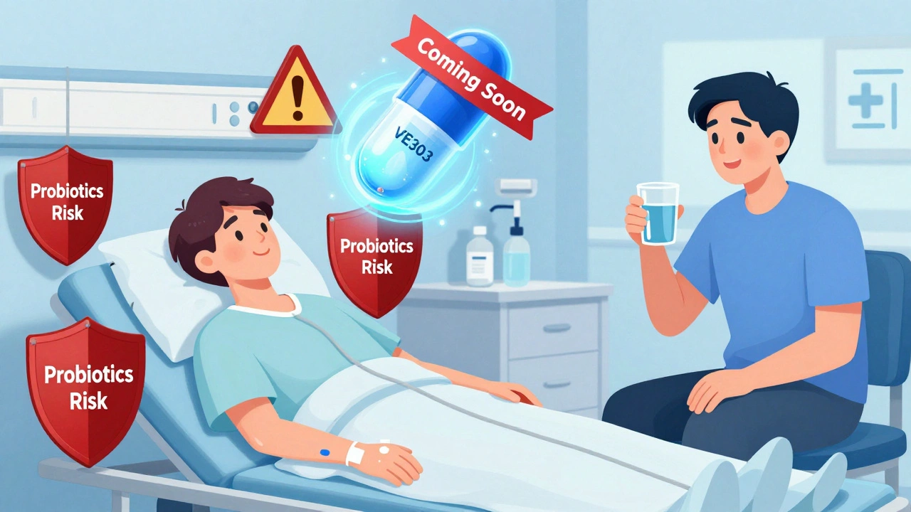 Immunocompromised patient with warning signs, next to a futuristic probiotic capsule labeled 'Coming Soon'.
