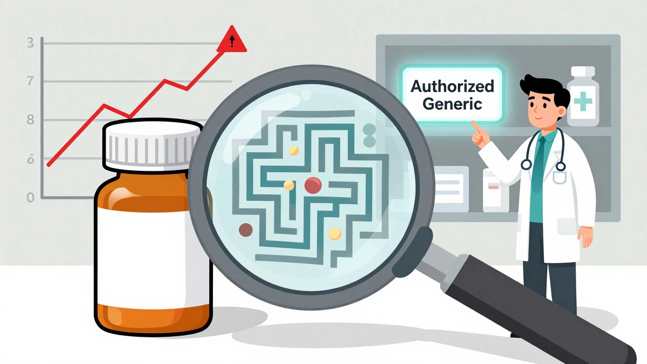 Magnifying glass revealing hidden ingredients in a pill bottle, with doctor and authorized generic label visible.