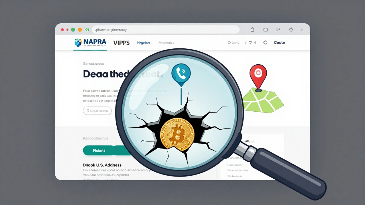 Magnifying glass reveals a fake pharmacy&#039;s hidden scam beneath a legitimate .pharmacy website with official seals.