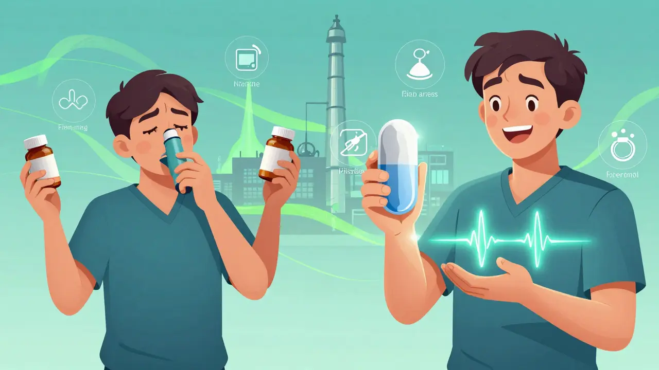 Patient transitioning from juggling multiple pills to one advanced tablet with icons of improved health and U.S. manufacturing in background.