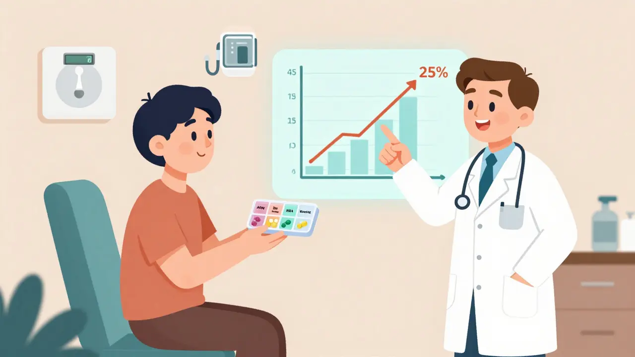 Patient with pill organizer and doctor showing rising heart function chart