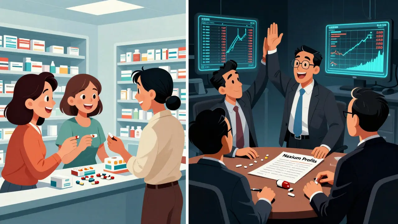 Patients happily receiving affordable generics on one side; executives celebrate blocked competition on the other.