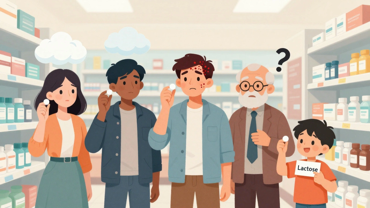 People reacting differently to generic pills with visual symptoms like bloating, rash, and confusion.