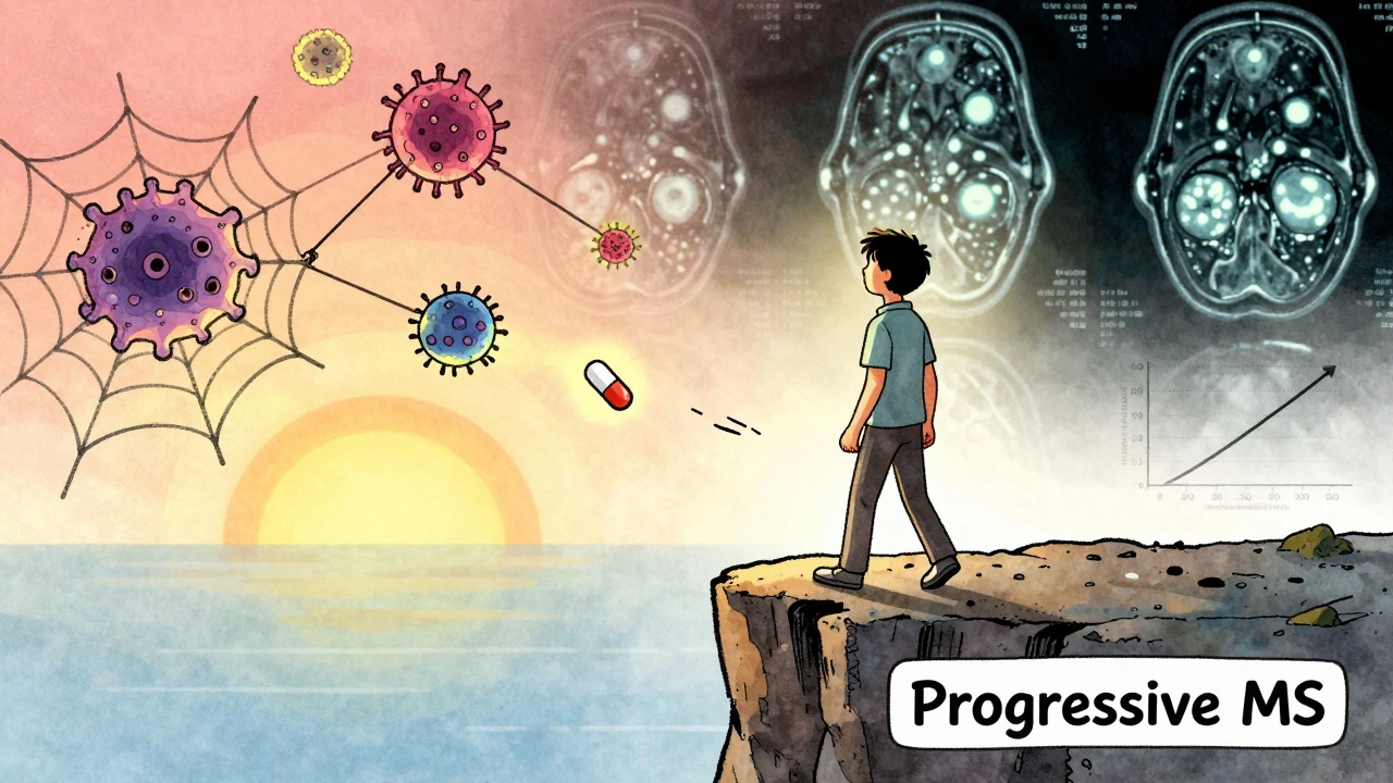 Person facing progressive MS with shadowy immune attacks behind and repair hope ahead.
