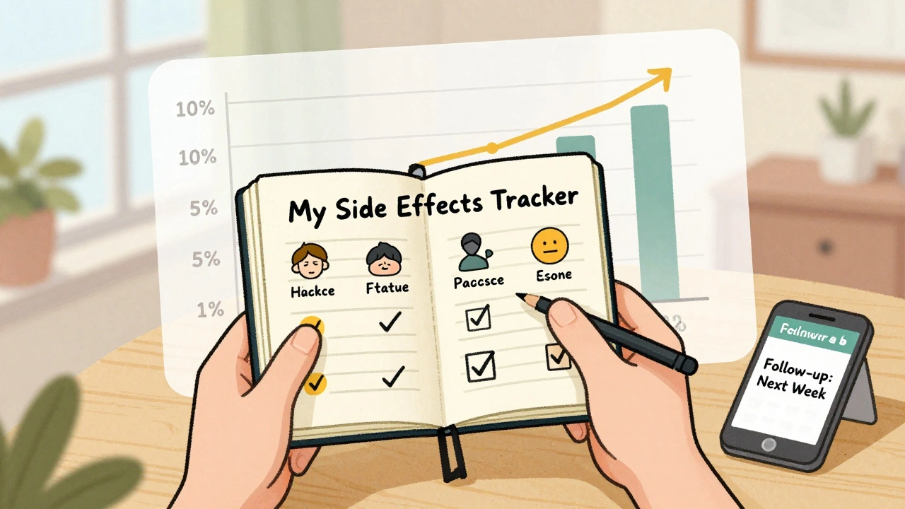 Person journaling daily side effects with a chart showing improvement over time in a calm home environment.