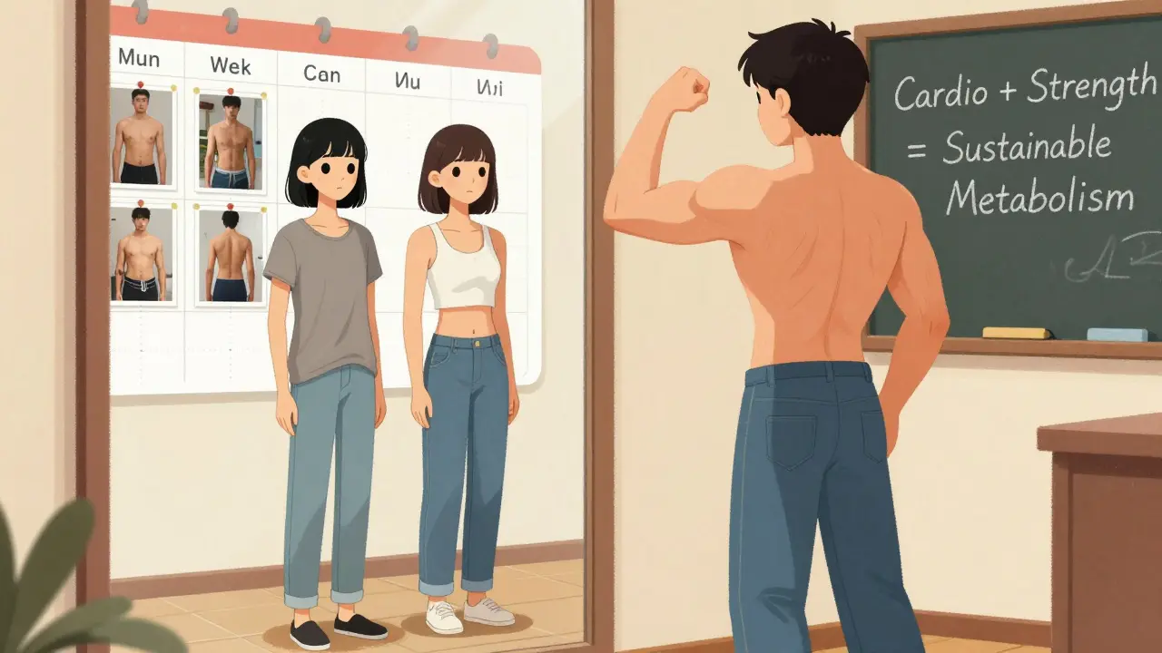 Person seeing two versions of themselves in the mirror — one weak from cardio-only, one strong from combined training.