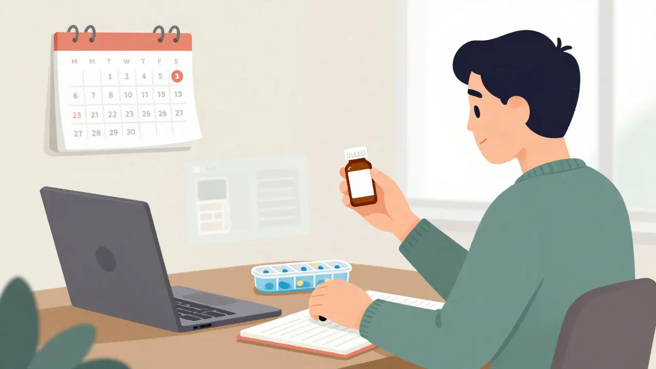 Person showing medication bottles to a pharmacist during a video call, notebook and pill organizer nearby.