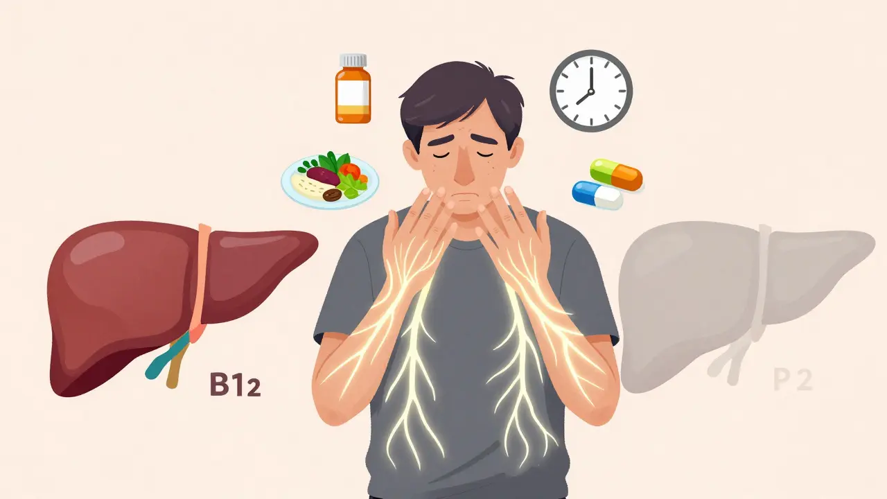 Person with fading nerve signals surrounded by symbols of metformin, PPIs, vegan diet, and time.