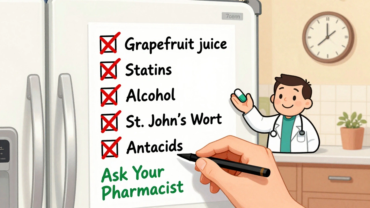 Refrigerator checklist with crossed-out risky items and a doctor’s note recommending safer alternatives.