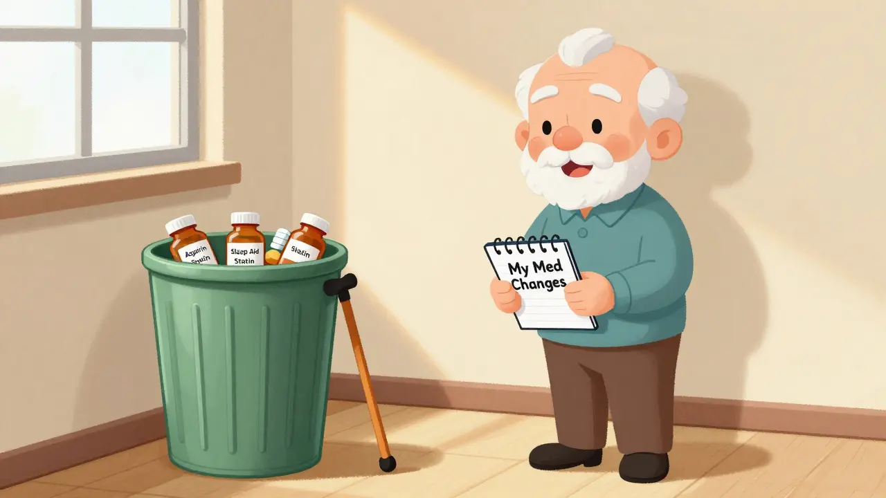 Senior smiling with notebook tracking med changes, discarded pills in trash beside walking stick.