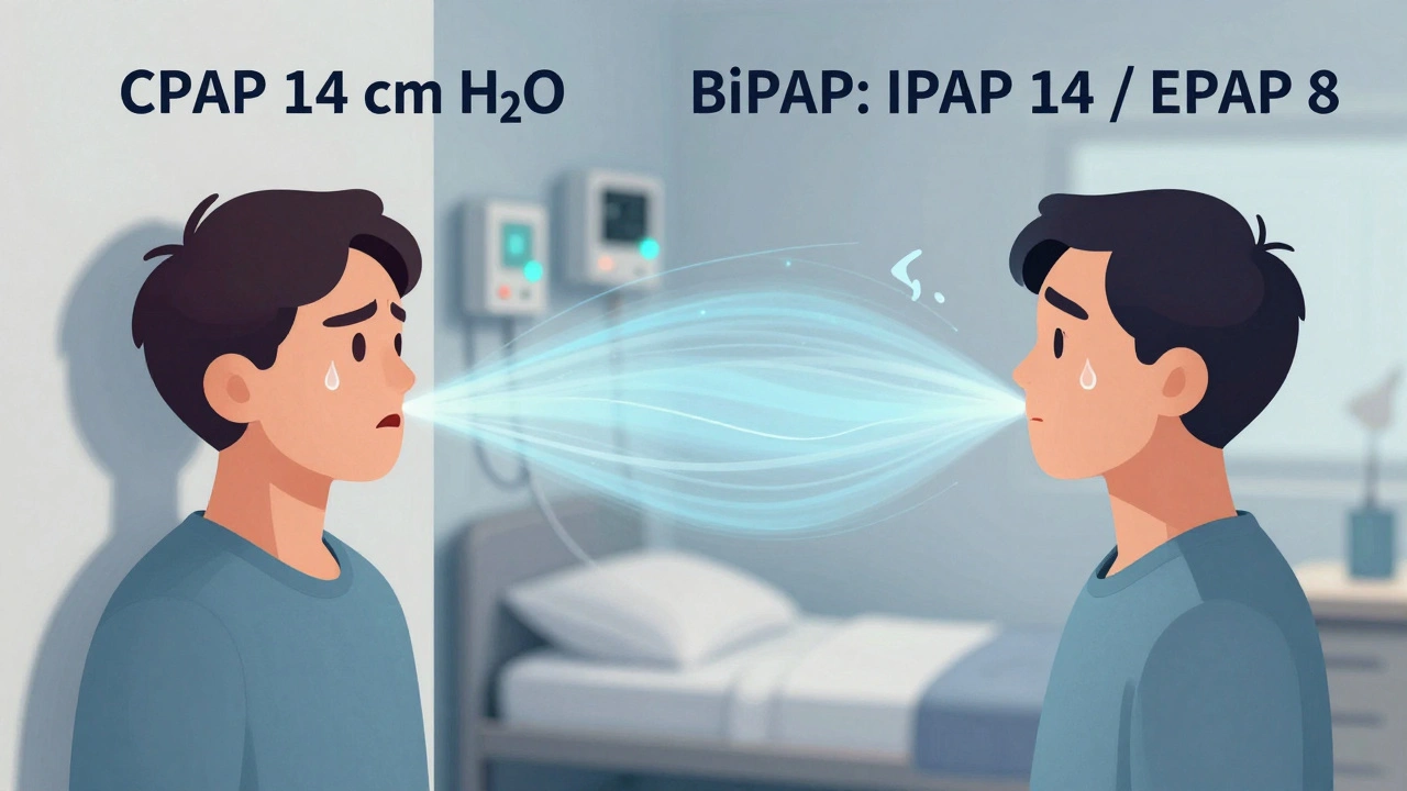 Side-by-side comparison of struggling to exhale with CPAP vs. easy exhale with BiPAP