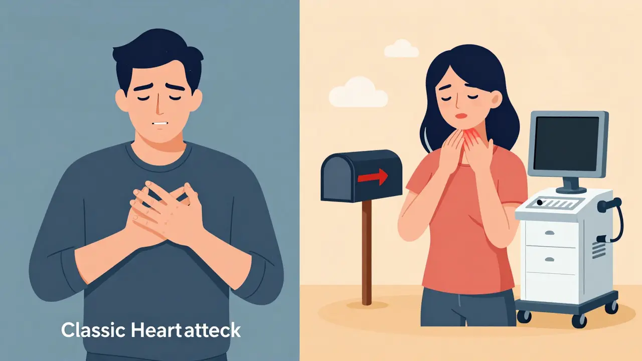Side-by-side comparison of typical male and atypical female heart attack symptoms, with a normal angiogram showing no blockage.