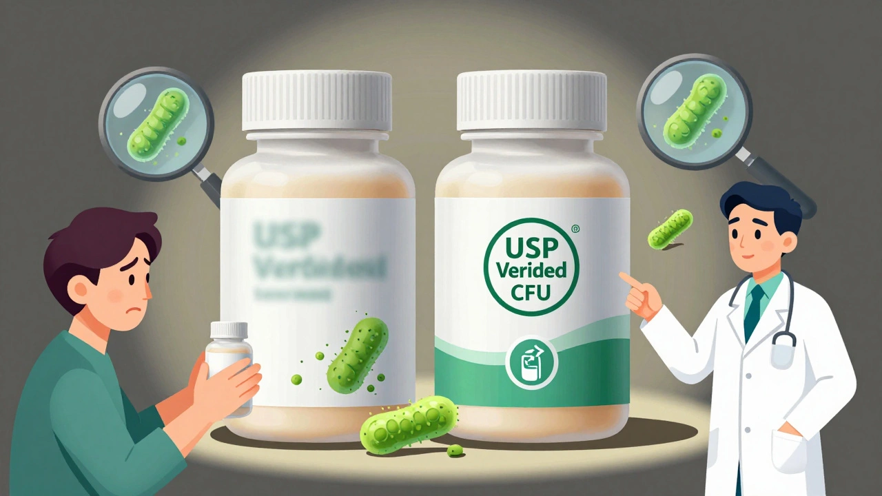 Side-by-side probiotic bottles: one unreliable, one USP Verified with live bacteria visible.