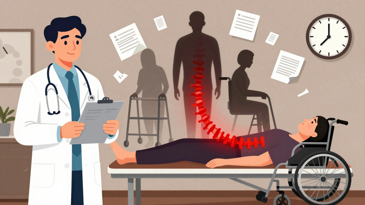 Split illustration: safe procedure vs. paralysis aftermath, with a clock ticking past 8 hours and mobility aids rising from the spine.