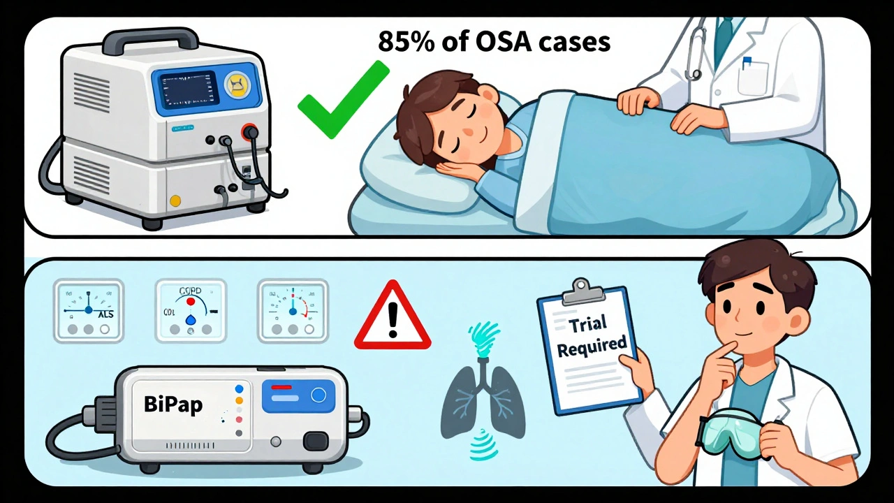 Split illustration showing CPAP for most sleep apnea cases vs. BiPAP for complex conditions
