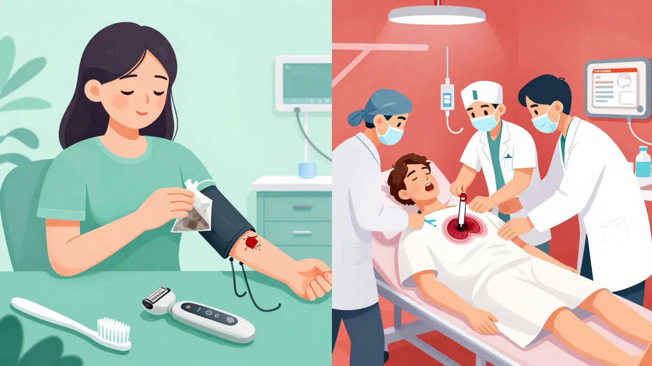 Split scene: calm home care vs. chaotic ER with reversal agent being administered for internal bleed.