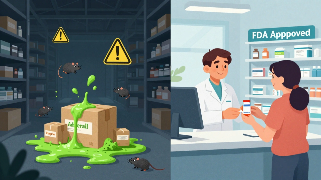 Split scene: dangerous counterfeit drugs on one side, safe licensed pharmacy service on the other.