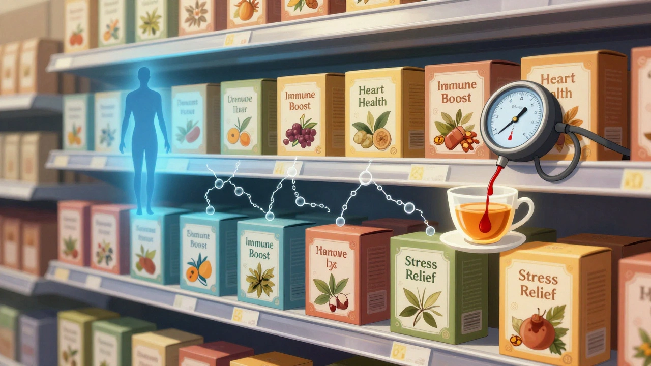 Supermarket shelf of herbal teas connected by invisible chains to a person on medication, blood pressure gauge dipping low.
