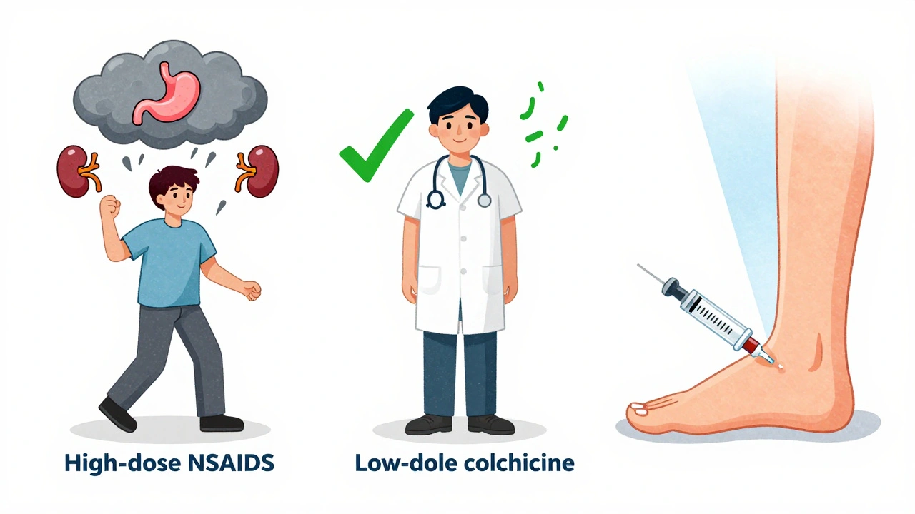 Three illustrated pathways showing NSAIDs with side effects, low-dose colchicine as safe, and steroid injection as targeted relief.