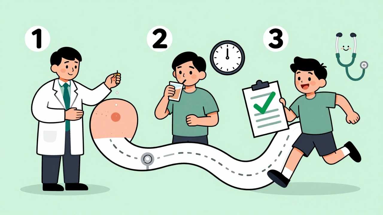 Three-step cartoon process: skin test, oral dose, then happy patient jogging with green checkmark.