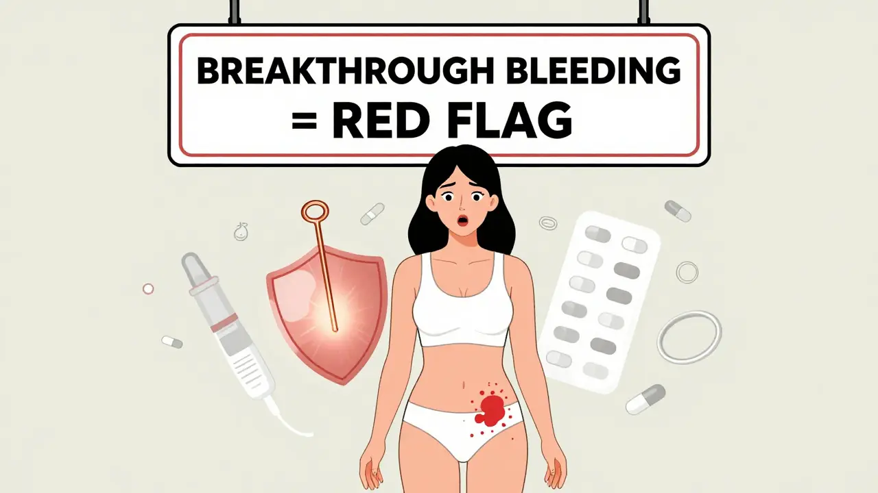 Woman noticing breakthrough bleeding, with warning sign and effective contraceptives glowing beside fading pills and patches.