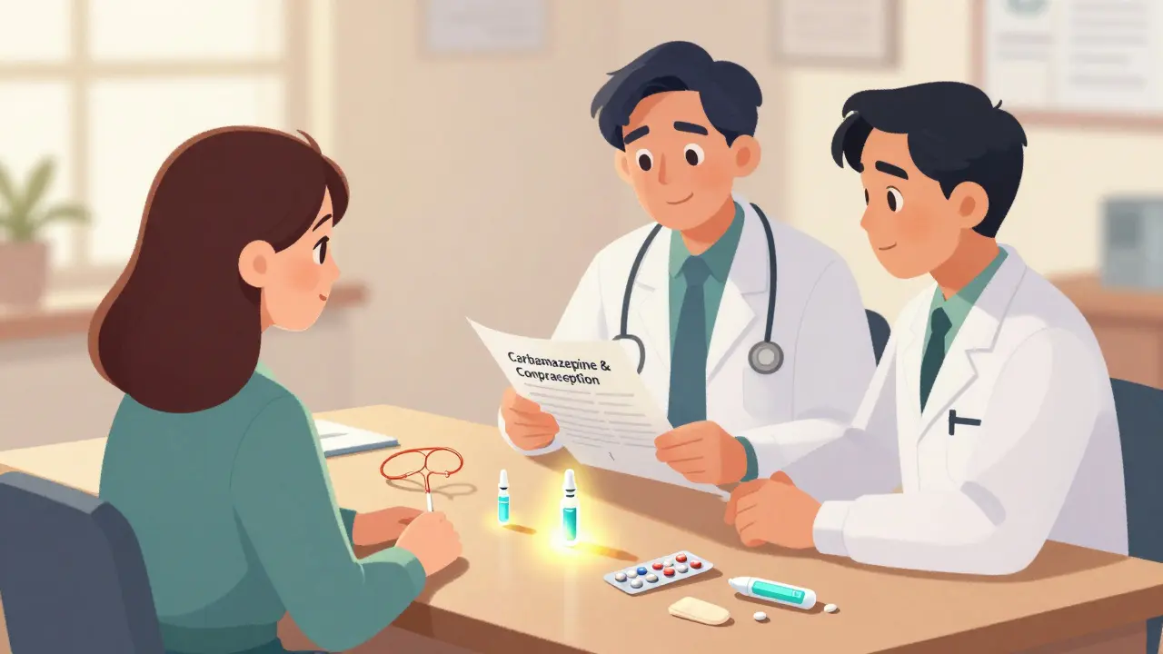 Woman with doctors reviewing chart showing effective IUD and implant options, while ineffective birth control methods are discarded.